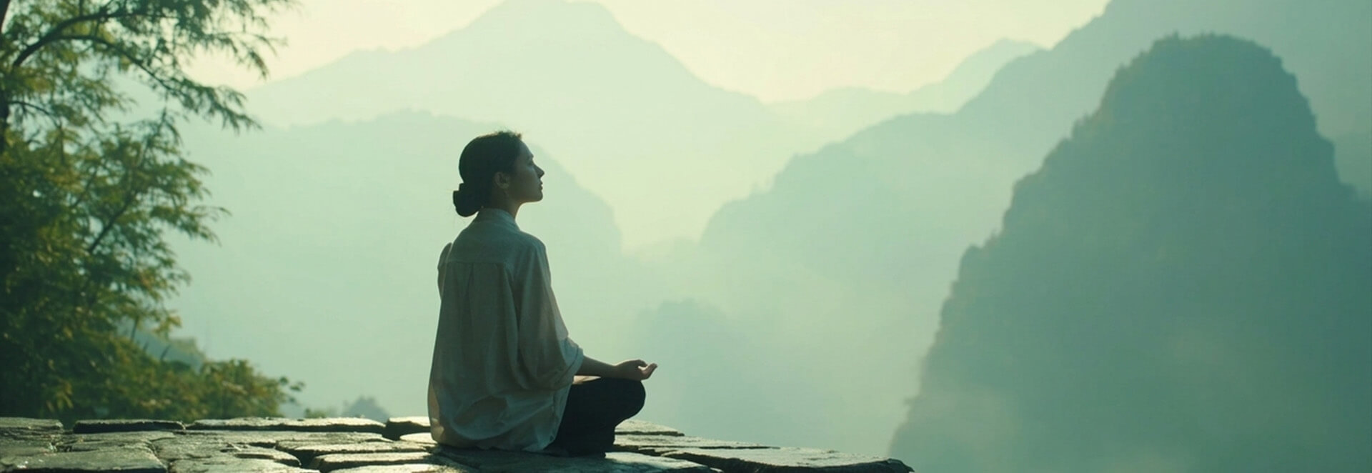 Meditative stillness overlooking misty mountains